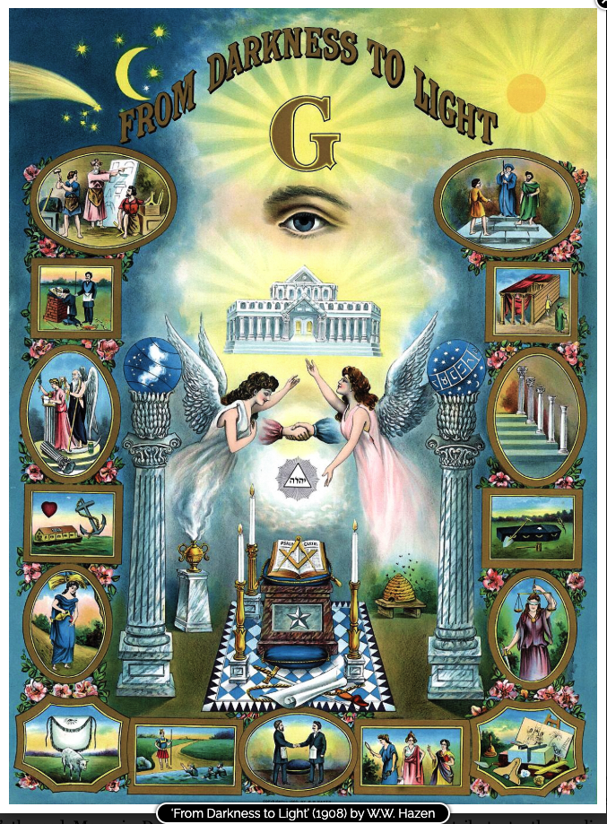 From Darkness to Light — 1908 W.W. Hazen Masonic lithograph showing two winged figures clasping hands across the altar performing the Master Mason grip in front of the temple under the all-seeing eye and the letter G